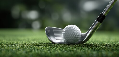 Golf ball poised on grass ready to be struck by metal club.