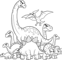 Collection of dinosaur illustrations for coloring or educational purposes isolated on white background