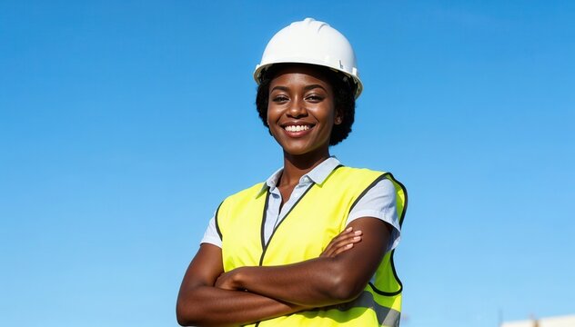 Confident Black female engineer smiling with arms crossed. Professional construction worker in a hard hat and safety vest outdoors. Diversity in the workplace concept