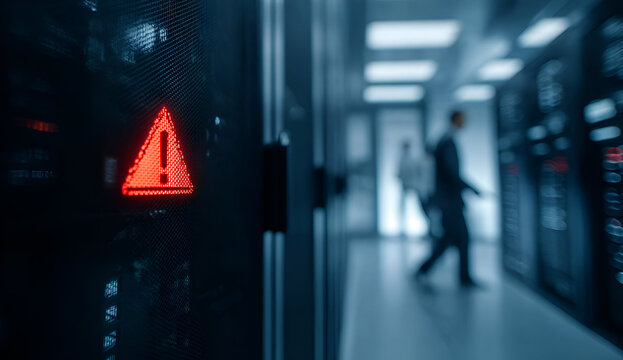 Caution alert in a data center, signifying potential issues with servers or systems amidst a modern technological environment.