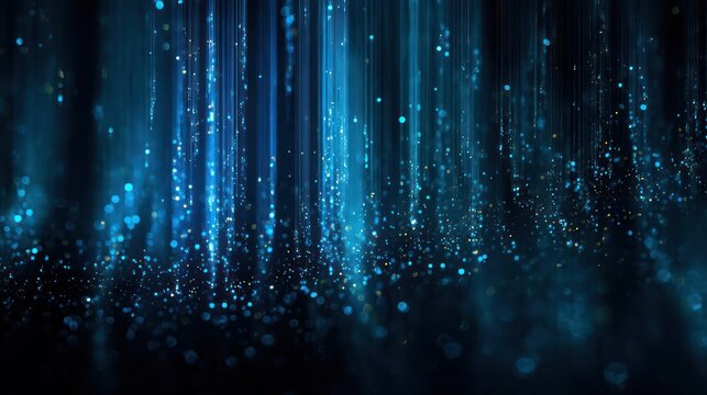 Abstract blue digital rain of glowing particles and light streaks creating a futuristic and technological atmosphere