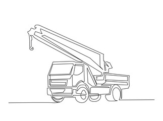 Towed car service in single outline illustration. Continuous line art drawing of evacuation car tow truck.