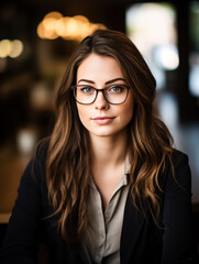 Obraz premium Professional woman with glasses in a stylish office setting, showcasing confidence and focus