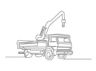 Towed car service in single outline illustration. Continuous line art drawing of evacuation car tow truck.