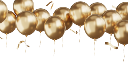 3d render Celebration banner with golden balloons floating and confetti