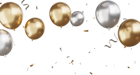 3d render Celebration banner with golden balloons floating and confetti