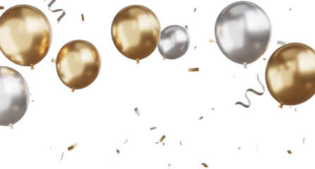 3d render Celebration banner with golden balloons floating and confetti