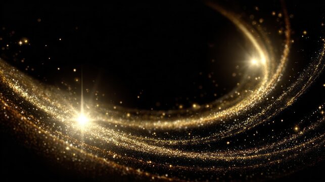 Abstract swirling golden light trails and sparkling particles against a dark black background