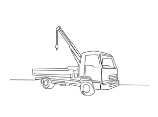 Towed car service in single outline illustration. Continuous line art drawing of evacuation car tow truck.