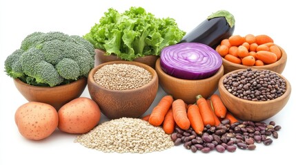 Fresh vegetables and grains arranged in wooden bowls on white