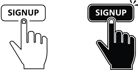 Signup button press vector, black and white UI icon, hand clicking symbol, user interface interaction graphic, digital access illustration, web design element