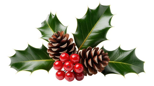 Festive holly leaves with bright red berries and natural pine cones, perfect for adding a touch of winter wonderland to your holiday designs