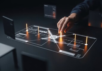 Man navigating a futuristic user interface on a dark background. Business intelligence data visualization for financial analysis and strategic planning.