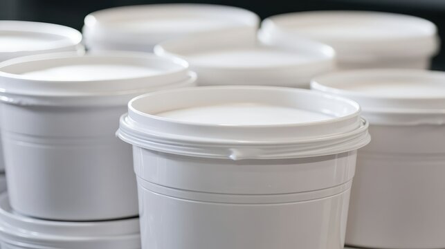 Collection of white plastic containers with lids