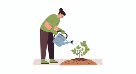 Nurturing New Growth: Person Watering Young Plant in Modern Illustration Style