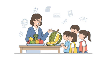 Nutrition Lesson: Teacher Presents Exotic Durian to Curious Students for Education