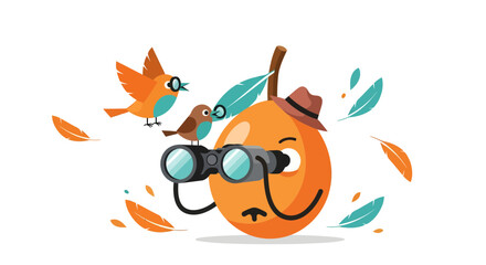 Observing Nature: A Whimsical Fruit With Binoculars and Animated Bird Friends