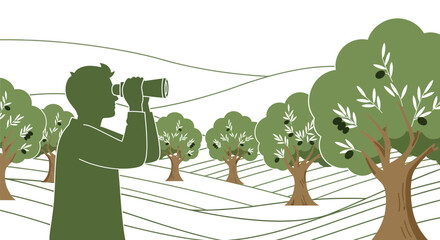 Observing Olive Grove: A Person, Trees, and Landscape Depicted in Silhouette Style
