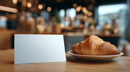 Freshly baked croissant served on a plate with a blank card for notes or menus in a cozy cafe setting.