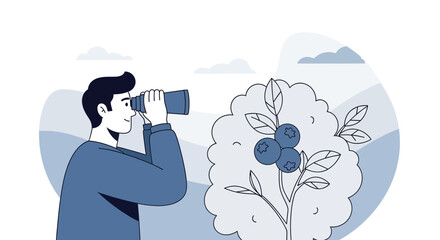 Observing The Harvest: A Person Using Binoculars Amidst Blueberry Bushes