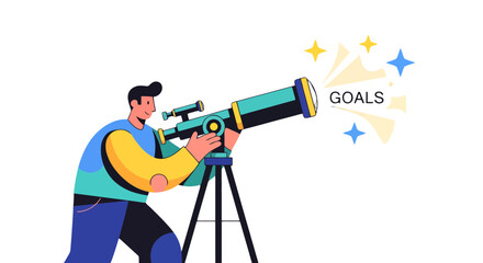 Observing Visions: A Man Focused, Aiming Goals With the Telescope Successfully