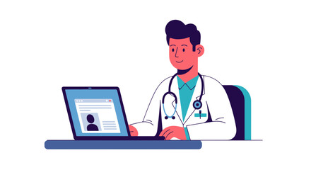 Online Doctor Consultation: Animated Healthcare Professional Working On A Computer At Desk