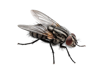 Fototapeta premium House fly with red eyes and striped body isolated on a transparent background