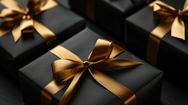 Elegant black gift boxes adorned with luxurious golden ribbons, arranged artistically on a dark surface, creating festive atmosphere for special occasions and celebrations, black Friday concept