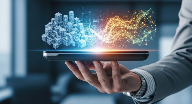 Businessman holding tablet with digital cityscape transforming glowing network, for innovation, data flow, connectivity, technological advancement in modern enterprise