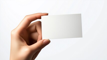 Obraz premium Close-up of a Hand Holding a Single Blank White Rectangular Card on a Clean, Light Background