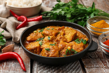 Chicken tikka masala with spices on wooden table, closeup