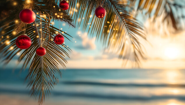 Beautiful Christmas decorations on a palm tree overlooking a serene beach at sunset, evoking holiday joy.