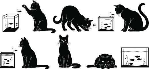 Cat silhouette vector set, playful kitten with fish tank, curious cat illustration, black animal graphic, pet artwork, creative design element © MDHabibullah
