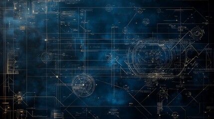 Complex Blue and White Technical Blueprint Interface with Detailed Graphs and Central Holographic Ring