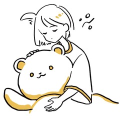 A sleepy girl hugs a soft bear, gently patting its head with a drowsy, thoughtful expression. Soft lines and warm tones create a cozy, comforting atmosphere.