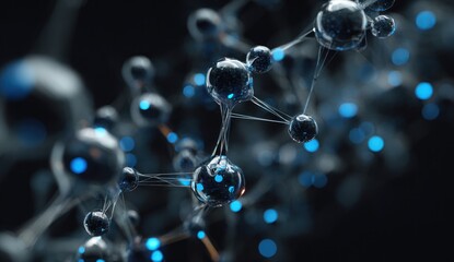 Abstract molecular structure with glowing blue orbs and dark background.