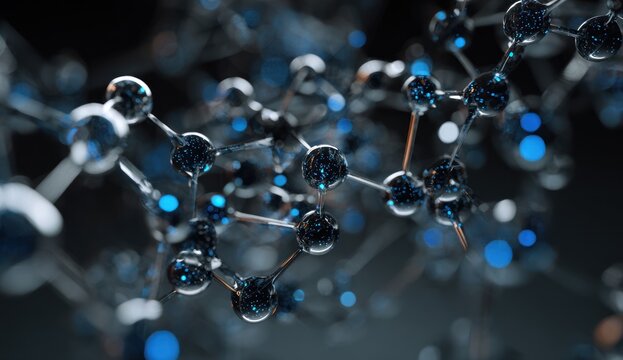 Abstract molecular structure with glowing blue particles and bokeh effects. - Powered by Adobe