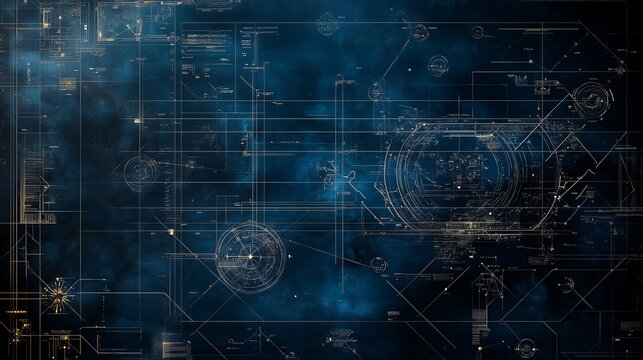 Complex Blue and White Technical Blueprint Interface with Detailed Graphs and Central Holographic Ring