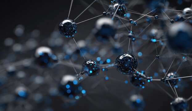 Abstract molecular structure with dark spheres and glowing blue lights.