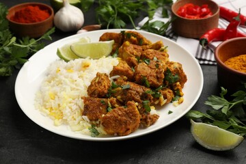 Delicious chicken tikka masala with rice, parsley and lime on dark textured table, closeup