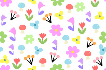 Hand drawn flowers backgrounds. Seamless patterns with floral for fabric, textiles, clothing, packaging, cover, banner, poster, interior decor. Vector illustration.