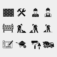 construction industry tools and workers icons set