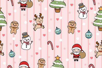 Christmas seamless pattern style flat on a pink background. Bright New Year patern for wrapping paper, print, cover design, fabric.