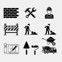 construction icons set tools building industry workers