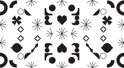 A Symmetrical, Seamless Vector Pattern Composed of Diverse Black and White Geometric and Abstract Shapes, Including Hearts, Starbursts, and Quarter-Circles