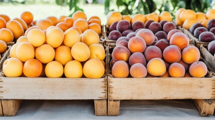 Fresh Apricots And Peaches Displayed On Wooden Crates