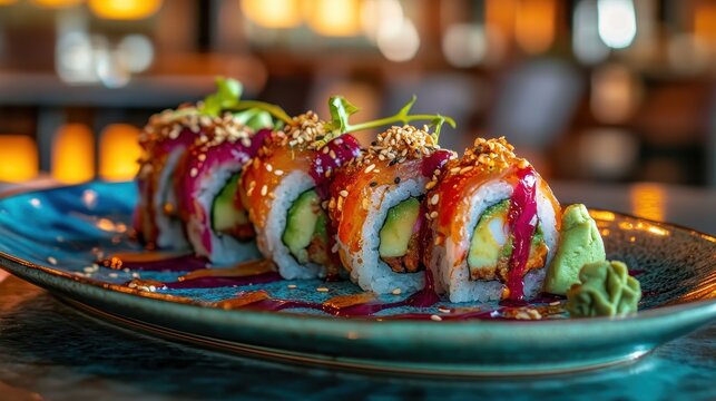 Delicious Sushi Rolls on Ceramic Plate Close Up View
