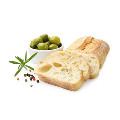 Cut ciabatta, olives, peppercorns and rosemary isolated on white