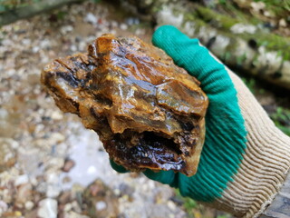 Close-up of a vibrant chert-chalcedony rock specimen, glistening wet in a gloved hand. Discovery in nature's wild embrace, showcasing raw geological wonder