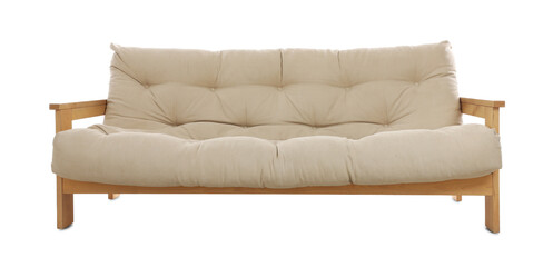Empty comfortable beige sofa isolated on white